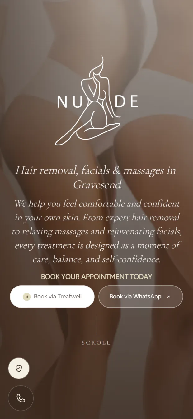 The NUDE homepage on a phone: the logo and headline stack vertically, the Treatwell and WhatsApp booking buttons sit side by side, and call and privacy controls remain fixed in the lower corner.
