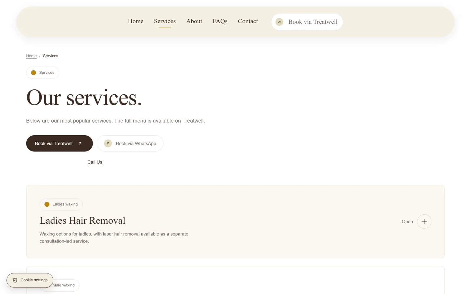 The NUDE services page on desktop, listing the treatment categories offered by the studio.