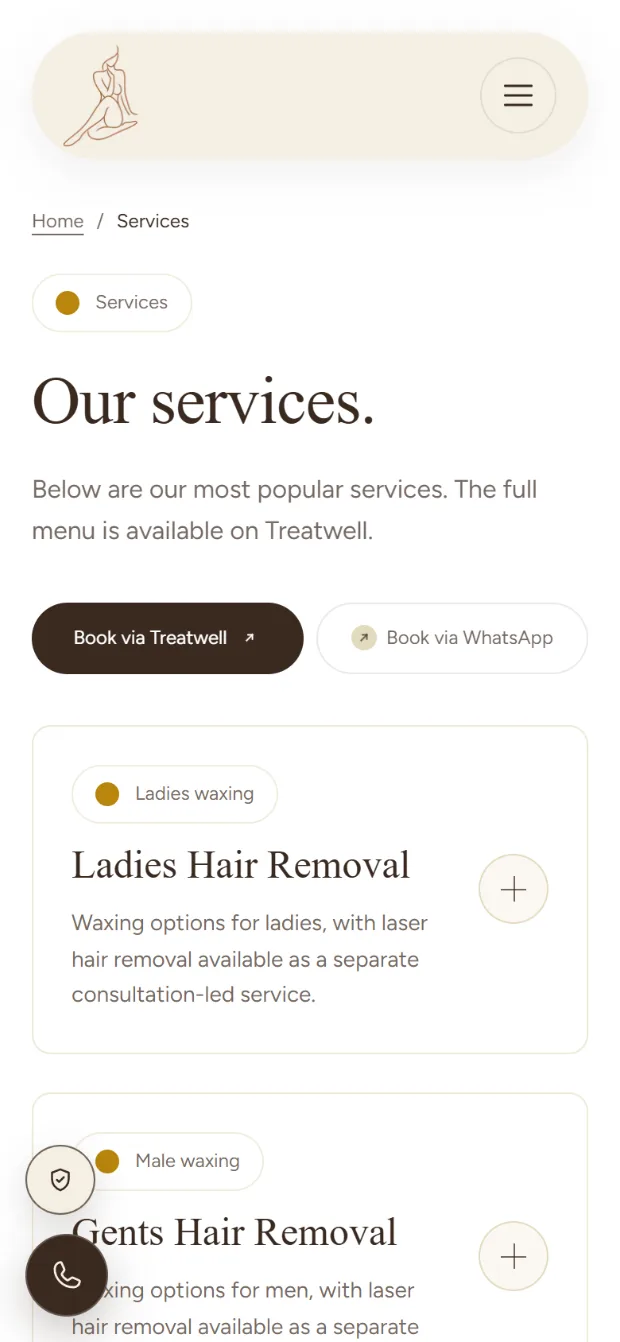 The NUDE services page on a phone, with treatment categories stacked in a single readable column.